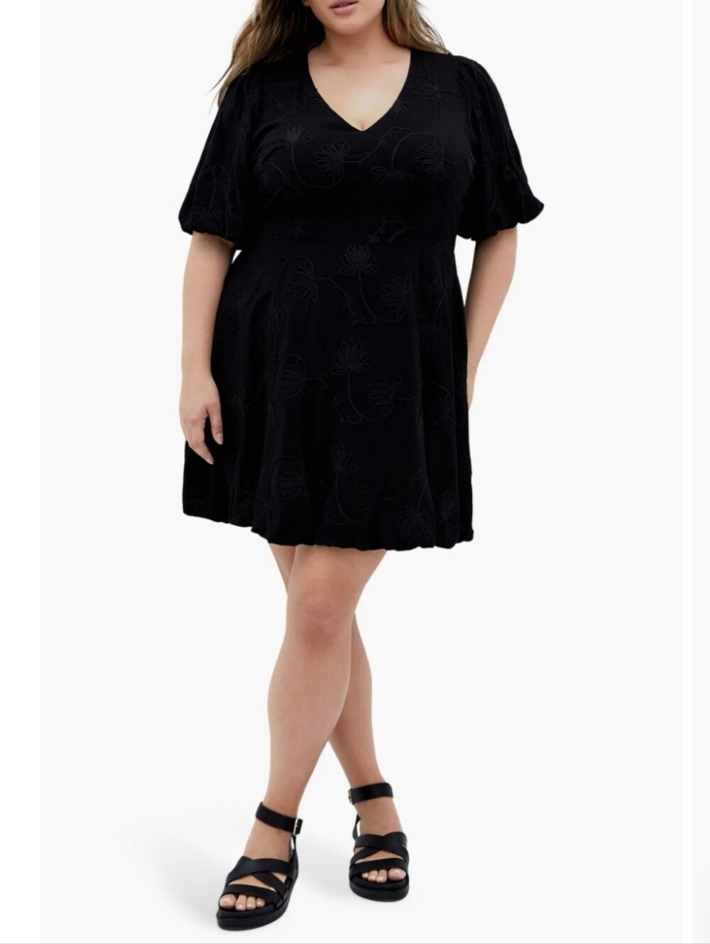 CITY CHIC Dottie Black Embroidered Bubble Hem Puff Sleeve Dress XL 22/24